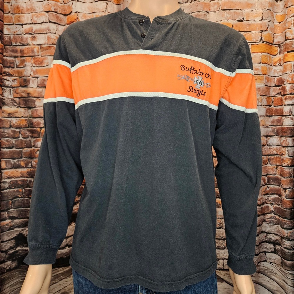 Vintage 2002 Sturgis Buffalo Chip Biker Design Henley Shirt Black Orange Large
